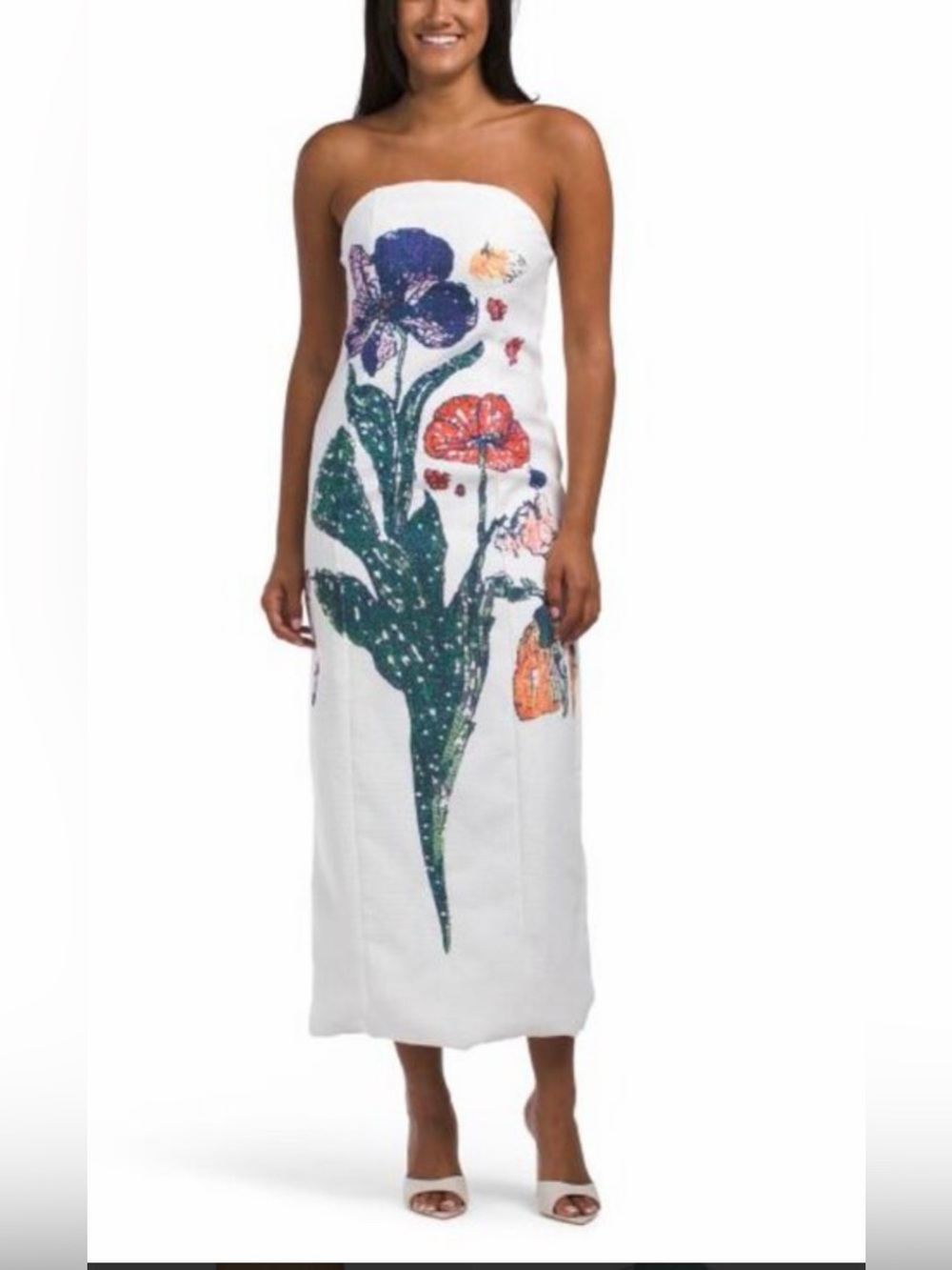 DALIA MACPHEE STRAPLESS MAXI DRESS WITH LARGE FLORAL PRINT SIZE L NWT